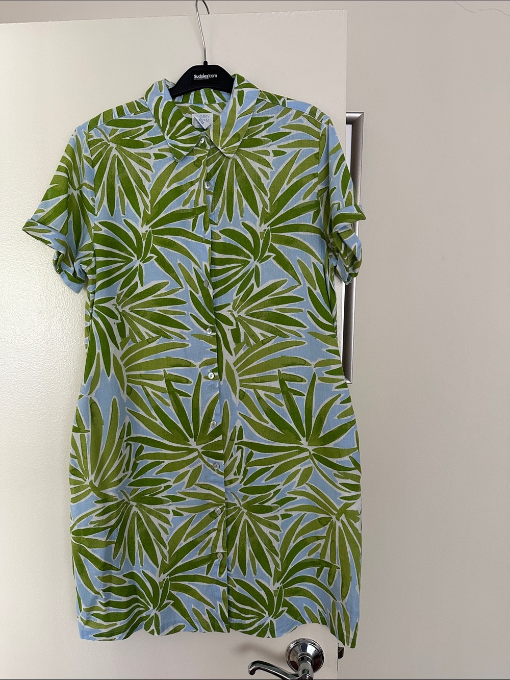 Sigrid Olsen Linen Blue and Green Leaf-Print Mini Dress